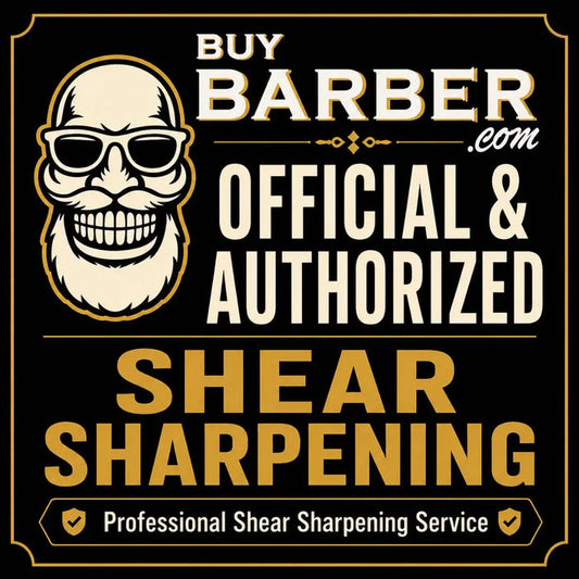 A promotional graphic for 'Buy Barber.com Official & Authorized Shear Sharpening' featuring a stylized cartoon skull wearing sunglasses with a beard on a black background with gold and white text.