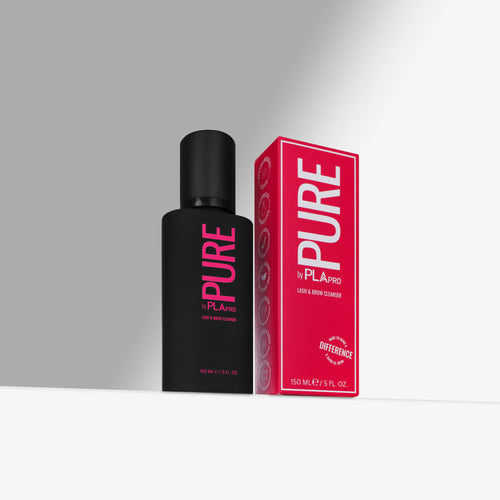 Black cleanser bottle and pink box labeled 'PURE by PLAPRO' on a gray background