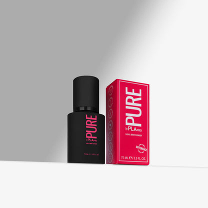 Black cleanser bottle and pink box labeled 'PURE' on a gray background