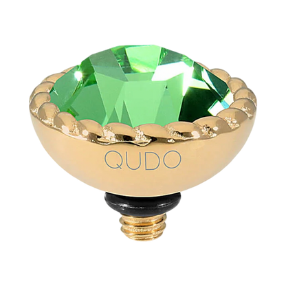 QUDO Bocconi Top Gold, QUDO Green and Golden Collection, interchangeable jewelry, gold crystal topper, green crystal jewelry, golden crystal jewelry, QUDO topper, interchangeable ring topper, stackable jewelry, Swarovski crystal jewelry, luxury fashion jewelry, collectible jewelry, boutique jewelry, interchangeable bracelet topper, colorful crystal jewelry, statement jewelry, QUDO jewelry collection