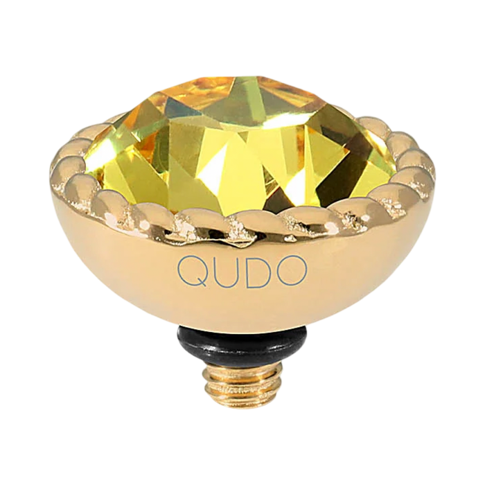 QUDO Bocconi Top Gold, QUDO Green and Golden Collection, interchangeable jewelry, gold crystal topper, green crystal jewelry, golden crystal jewelry, QUDO topper, interchangeable ring topper, stackable jewelry, Swarovski crystal jewelry, luxury fashion jewelry, collectible jewelry, boutique jewelry, interchangeable bracelet topper, colorful crystal jewelry, statement jewelry, QUDO jewelry collection