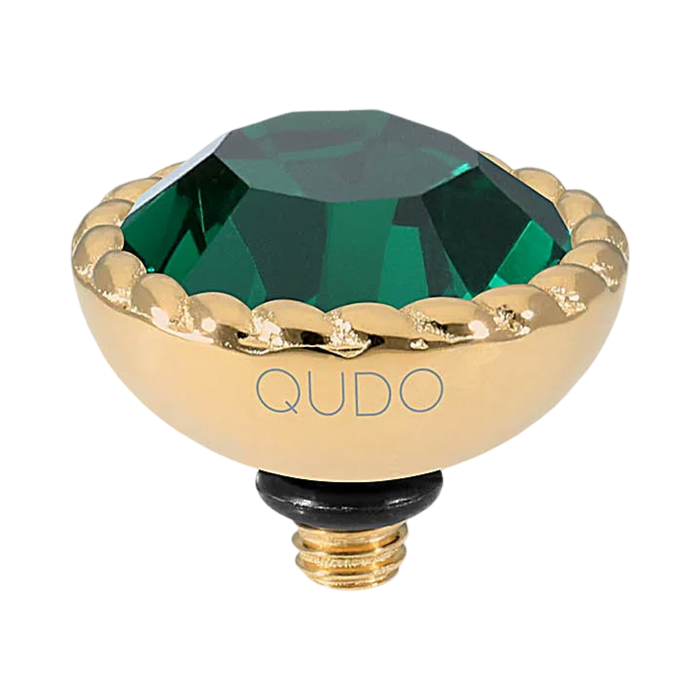 QUDO Bocconi Top Gold, QUDO Green and Golden Collection, interchangeable jewelry, gold crystal topper, green crystal jewelry, golden crystal jewelry, QUDO topper, interchangeable ring topper, stackable jewelry, Swarovski crystal jewelry, luxury fashion jewelry, collectible jewelry, boutique jewelry, interchangeable bracelet topper, colorful crystal jewelry, statement jewelry, QUDO jewelry collection