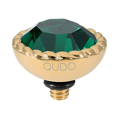 QUDO Bocconi Top Gold, QUDO Green and Golden Collection, interchangeable jewelry, gold crystal topper, green crystal jewelry, golden crystal jewelry, QUDO topper, interchangeable ring topper, stackable jewelry, Swarovski crystal jewelry, luxury fashion jewelry, collectible jewelry, boutique jewelry, interchangeable bracelet topper, colorful crystal jewelry, statement jewelry, QUDO jewelry collection