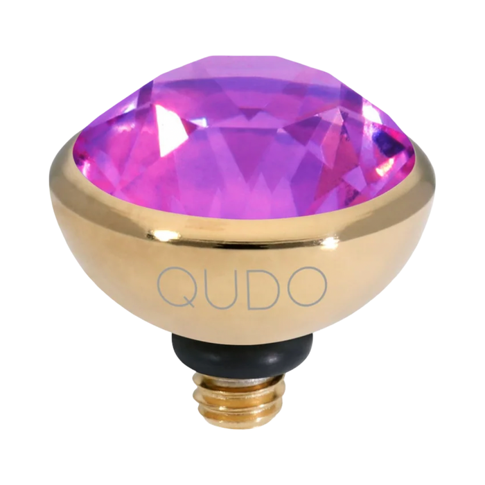 QUDO Bottone Top Gold, Velvet Noir Collection, gold crystal topper, plum crystal jewelry, violet crystal jewelry, interchangeable jewelry topper, QUDO gold topper, European crystal jewelry, customizable jewelry, moody jewel tone jewelry, gold interchangeable topper, luxury crystal jewelry, QUDO jewelry
