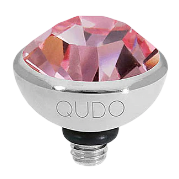 Decorative light bulb with pink crystal and 'QUDO' branding on a white background