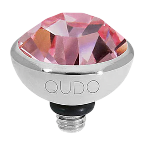 Decorative light bulb with pink crystal and 'QUDO' branding on a white background