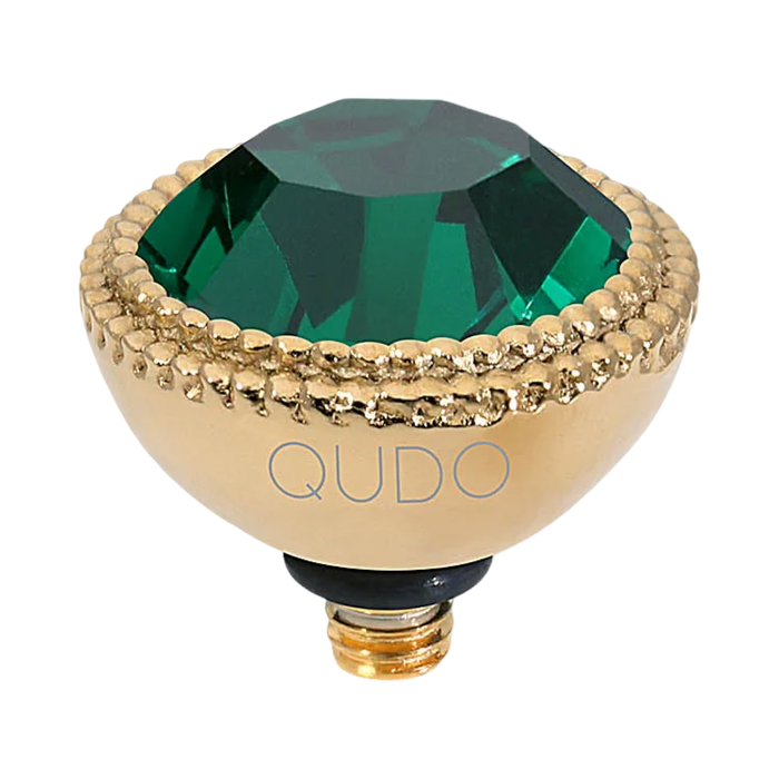QUDO Fabero Top Gold, Green and Golden Collection, interchangeable jewelry, gold crystal topper, green crystal jewelry, yellow crystal jewelry, QUDO topper, interchangeable ring topper, stackable jewelry, Swarovski crystal jewelry, luxury fashion jewelry, collectible jewelry, boutique jewelry, interchangeable bracelet topper, colorful crystal jewelry, statement jewelry, QUDO jewelry collection