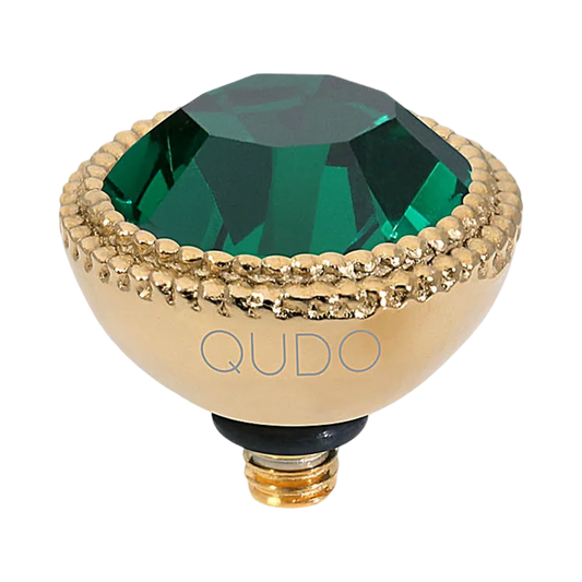QUDO Fabero Top Gold, Green and Golden Collection, interchangeable jewelry, gold crystal topper, green crystal jewelry, yellow crystal jewelry, QUDO topper, interchangeable ring topper, stackable jewelry, Swarovski crystal jewelry, luxury fashion jewelry, collectible jewelry, boutique jewelry, interchangeable bracelet topper, colorful crystal jewelry, statement jewelry, QUDO jewelry collection
