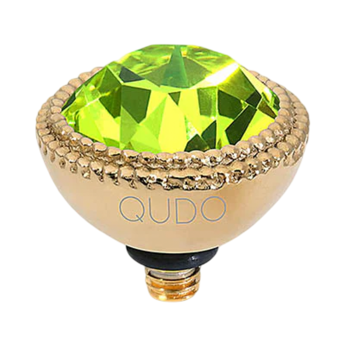 QUDO Fabero Top Gold, Green and Golden Collection, interchangeable jewelry, gold crystal topper, green crystal jewelry, yellow crystal jewelry, QUDO topper, interchangeable ring topper, stackable jewelry, Swarovski crystal jewelry, luxury fashion jewelry, collectible jewelry, boutique jewelry, interchangeable bracelet topper, colorful crystal jewelry, statement jewelry, QUDO jewelry collection