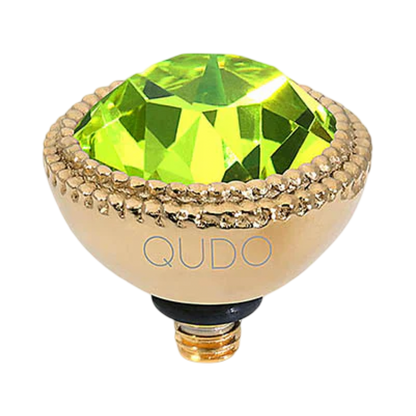 QUDO Fabero Top Gold, Green and Golden Collection, interchangeable jewelry, gold crystal topper, green crystal jewelry, yellow crystal jewelry, QUDO topper, interchangeable ring topper, stackable jewelry, Swarovski crystal jewelry, luxury fashion jewelry, collectible jewelry, boutique jewelry, interchangeable bracelet topper, colorful crystal jewelry, statement jewelry, QUDO jewelry collection