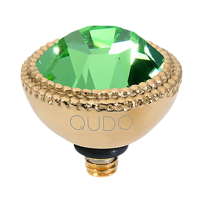 QUDO Fabero Top Gold, Green and Golden Collection, interchangeable jewelry, gold crystal topper, green crystal jewelry, yellow crystal jewelry, QUDO topper, interchangeable ring topper, stackable jewelry, Swarovski crystal jewelry, luxury fashion jewelry, collectible jewelry, boutique jewelry, interchangeable bracelet topper, colorful crystal jewelry, statement jewelry, QUDO jewelry collection