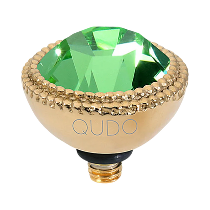 QUDO Fabero Top Gold, Green and Golden Collection, interchangeable jewelry, gold crystal topper, green crystal jewelry, yellow crystal jewelry, QUDO topper, interchangeable ring topper, stackable jewelry, Swarovski crystal jewelry, luxury fashion jewelry, collectible jewelry, boutique jewelry, interchangeable bracelet topper, colorful crystal jewelry, statement jewelry, QUDO jewelry collection