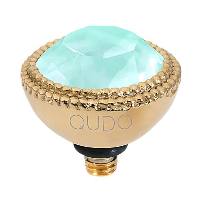 QUDO Fabero Top Gold, Green and Golden Collection, interchangeable jewelry, gold crystal topper, green crystal jewelry, yellow crystal jewelry, QUDO topper, interchangeable ring topper, stackable jewelry, Swarovski crystal jewelry, luxury fashion jewelry, collectible jewelry, boutique jewelry, interchangeable bracelet topper, colorful crystal jewelry, statement jewelry, QUDO jewelry collection