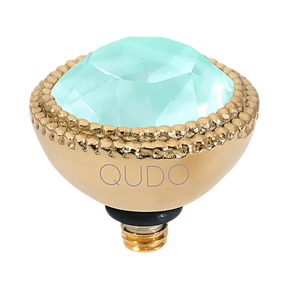 QUDO Fabero Top Gold, Green and Golden Collection, interchangeable jewelry, gold crystal topper, green crystal jewelry, yellow crystal jewelry, QUDO topper, interchangeable ring topper, stackable jewelry, Swarovski crystal jewelry, luxury fashion jewelry, collectible jewelry, boutique jewelry, interchangeable bracelet topper, colorful crystal jewelry, statement jewelry, QUDO jewelry collection