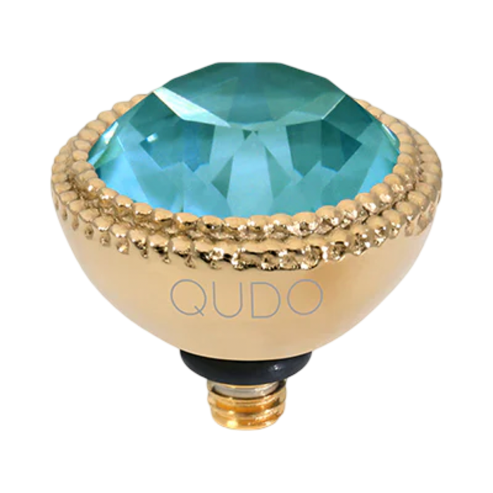 QUDO Fabero Top Gold, Green and Golden Collection, interchangeable jewelry, gold crystal topper, green crystal jewelry, yellow crystal jewelry, QUDO topper, interchangeable ring topper, stackable jewelry, Swarovski crystal jewelry, luxury fashion jewelry, collectible jewelry, boutique jewelry, interchangeable bracelet topper, colorful crystal jewelry, statement jewelry, QUDO jewelry collection