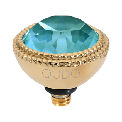 QUDO Fabero Top Gold, Green and Golden Collection, interchangeable jewelry, gold crystal topper, green crystal jewelry, yellow crystal jewelry, QUDO topper, interchangeable ring topper, stackable jewelry, Swarovski crystal jewelry, luxury fashion jewelry, collectible jewelry, boutique jewelry, interchangeable bracelet topper, colorful crystal jewelry, statement jewelry, QUDO jewelry collection