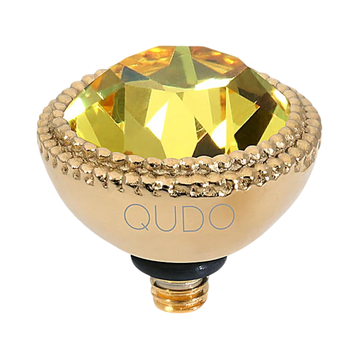 QUDO Fabero Top Gold, Green and Golden Collection, interchangeable jewelry, gold crystal topper, green crystal jewelry, yellow crystal jewelry, QUDO topper, interchangeable ring topper, stackable jewelry, Swarovski crystal jewelry, luxury fashion jewelry, collectible jewelry, boutique jewelry, interchangeable bracelet topper, colorful crystal jewelry, statement jewelry, QUDO jewelry collection
