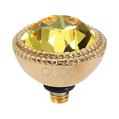 QUDO Fabero Top Gold, Green and Golden Collection, interchangeable jewelry, gold crystal topper, green crystal jewelry, yellow crystal jewelry, QUDO topper, interchangeable ring topper, stackable jewelry, Swarovski crystal jewelry, luxury fashion jewelry, collectible jewelry, boutique jewelry, interchangeable bracelet topper, colorful crystal jewelry, statement jewelry, QUDO jewelry collection