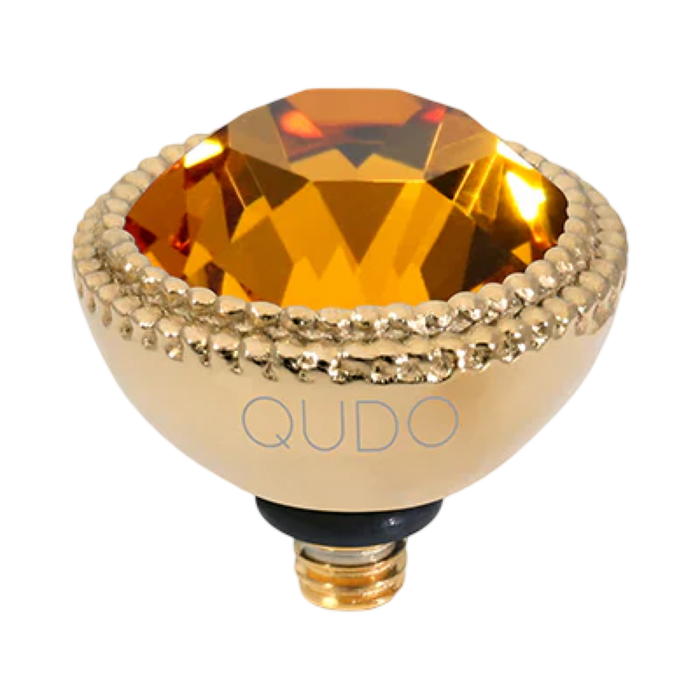 QUDO Fabero Top Gold, Green and Golden Collection, interchangeable jewelry, gold crystal topper, green crystal jewelry, yellow crystal jewelry, QUDO topper, interchangeable ring topper, stackable jewelry, Swarovski crystal jewelry, luxury fashion jewelry, collectible jewelry, boutique jewelry, interchangeable bracelet topper, colorful crystal jewelry, statement jewelry, QUDO jewelry collection
