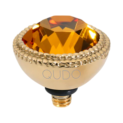 QUDO Fabero Top Gold, Green and Golden Collection, interchangeable jewelry, gold crystal topper, green crystal jewelry, yellow crystal jewelry, QUDO topper, interchangeable ring topper, stackable jewelry, Swarovski crystal jewelry, luxury fashion jewelry, collectible jewelry, boutique jewelry, interchangeable bracelet topper, colorful crystal jewelry, statement jewelry, QUDO jewelry collection