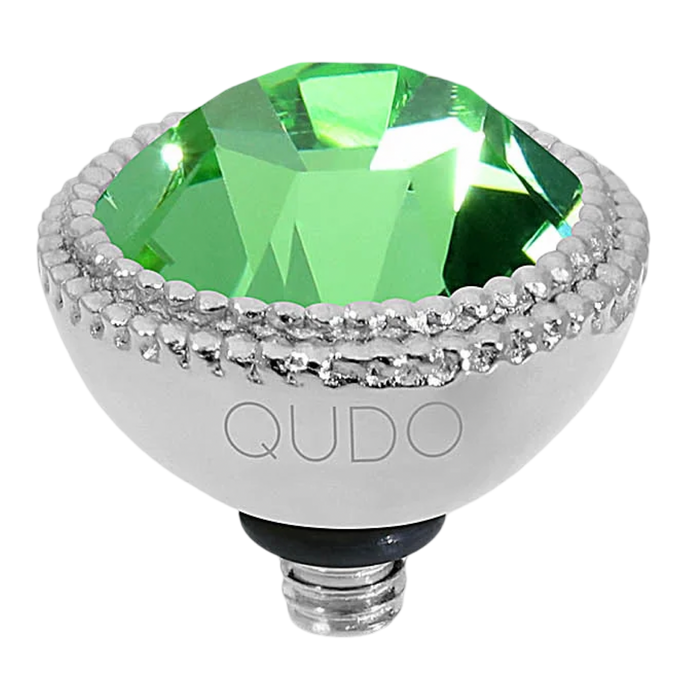 Decorative light bulb with green gem and silver accents on a white background, branded 'QUDO'.