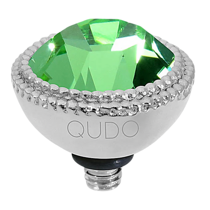 Decorative light bulb with green gem and silver accents on a white background, branded 'QUDO'.