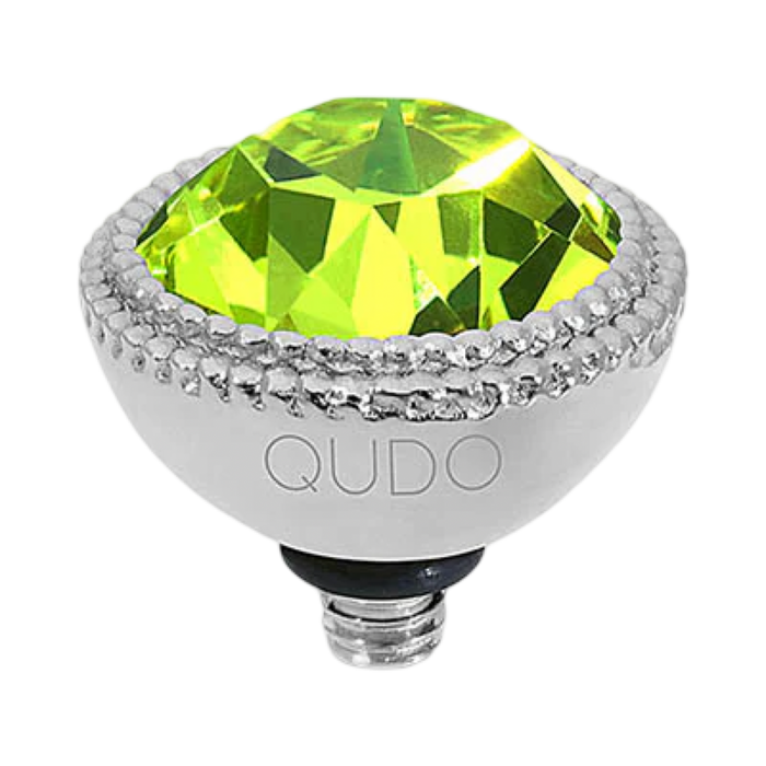 Decorative light bulb with green gem and 'QUDO' branding on a white background