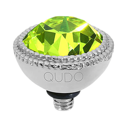Decorative light bulb with green gem and 'QUDO' branding on a white background