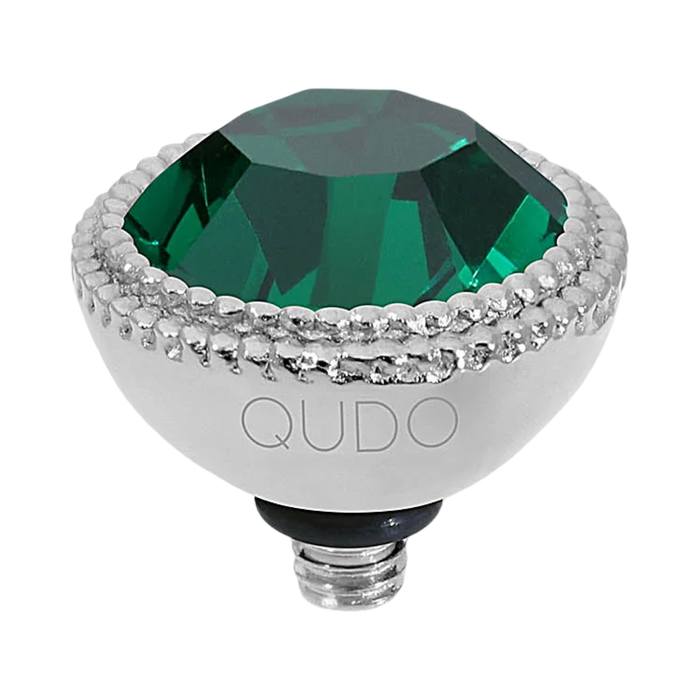 Decorative light bulb with green gem and silver accents on a white background, branded 'QUDO'.