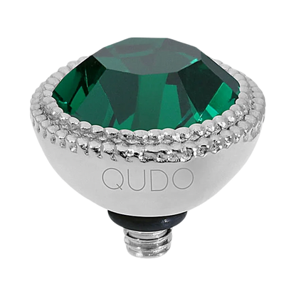 Decorative light bulb with green gem and silver accents on a white background, branded 'QUDO'.