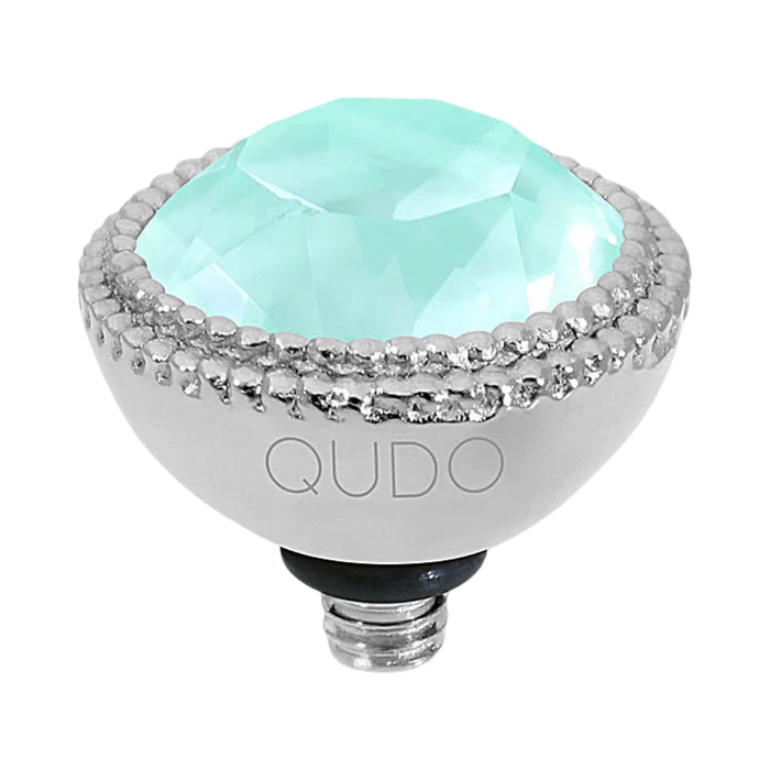Decorative light bulb with a turquoise gem and silver accents on a white background, branded 'QUDO'.