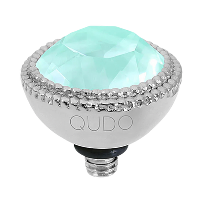 Decorative light bulb with a turquoise gem and silver accents on a white background, branded 'QUDO'.