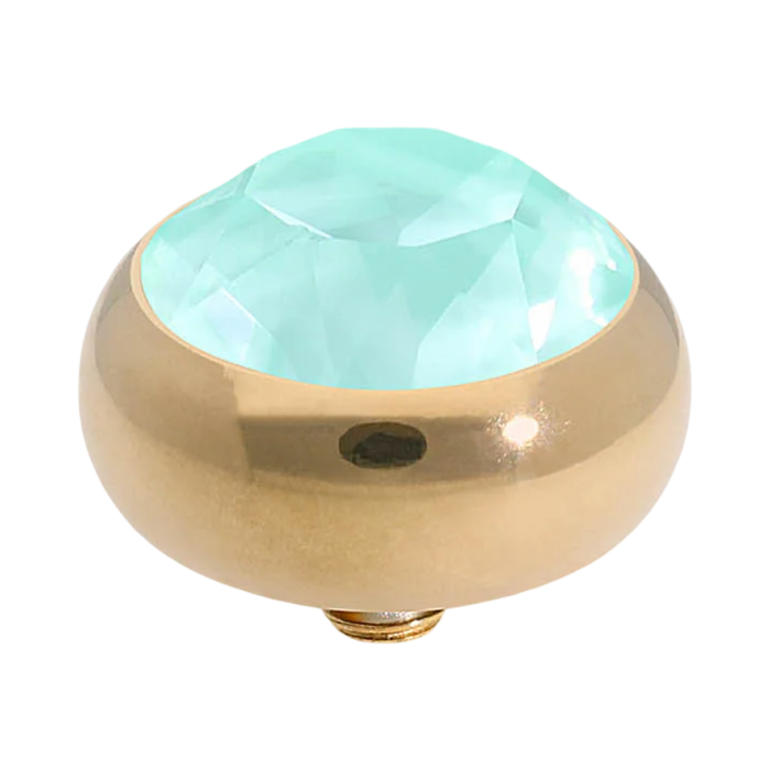 QUDO Sesto Gold, QUDO Green and Golden Collection, interchangeable jewelry, gold crystal topper, green crystal jewelry, golden crystal jewelry, QUDO topper, interchangeable ring topper, stackable jewelry, Swarovski crystal jewelry, luxury fashion jewelry, collectible jewelry, boutique jewelry, interchangeable bracelet topper, colorful crystal jewelry, statement jewelry, QUDO jewelry collection