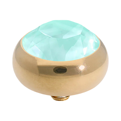 QUDO Sesto Gold, QUDO Green and Golden Collection, interchangeable jewelry, gold crystal topper, green crystal jewelry, golden crystal jewelry, QUDO topper, interchangeable ring topper, stackable jewelry, Swarovski crystal jewelry, luxury fashion jewelry, collectible jewelry, boutique jewelry, interchangeable bracelet topper, colorful crystal jewelry, statement jewelry, QUDO jewelry collection
