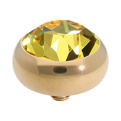 QUDO Sesto Gold, QUDO Green and Golden Collection, interchangeable jewelry, gold crystal topper, green crystal jewelry, golden crystal jewelry, QUDO topper, interchangeable ring topper, stackable jewelry, Swarovski crystal jewelry, luxury fashion jewelry, collectible jewelry, boutique jewelry, interchangeable bracelet topper, colorful crystal jewelry, statement jewelry, QUDO jewelry collection