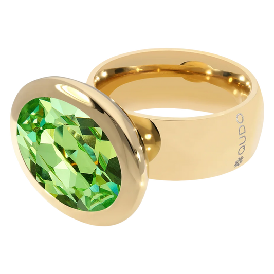 QUDO Tivola ring, peridot statement ring, green crystal ring, oval statement ring, QUDO statement ring, stainless steel ring, bold fashion ring, colorful crystal ring, women’s statement jewelry, oversized ring, green gemstone look ring, fashion cocktail ring, QUDO jewelry, elegant statement ring, modern jewelry ring
