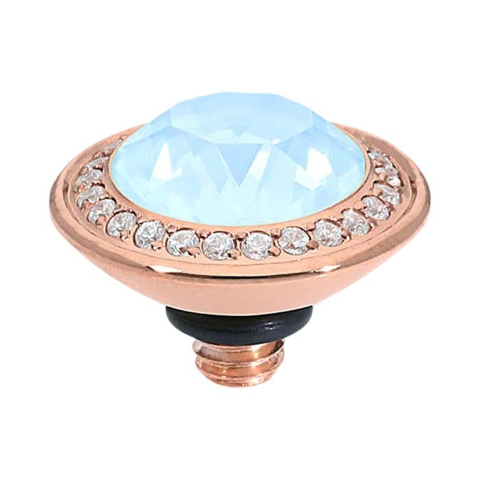 QUDO blue crystal collection, QUDO Tondo Deluxe rose gold topper, interchangeable crystal jewelry, blue Swarovski crystal topper, European crystal jewelry, QUDO jewelry, rose gold crystal topper, blue crystal ring topper, luxury interchangeable jewelry, QUDO topper collection, Tondo Deluxe topper 0.51