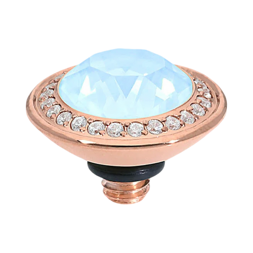 QUDO blue crystal collection, QUDO Tondo Deluxe rose gold topper, interchangeable crystal jewelry, blue Swarovski crystal topper, European crystal jewelry, QUDO jewelry, rose gold crystal topper, blue crystal ring topper, luxury interchangeable jewelry, QUDO topper collection, Tondo Deluxe topper 0.51