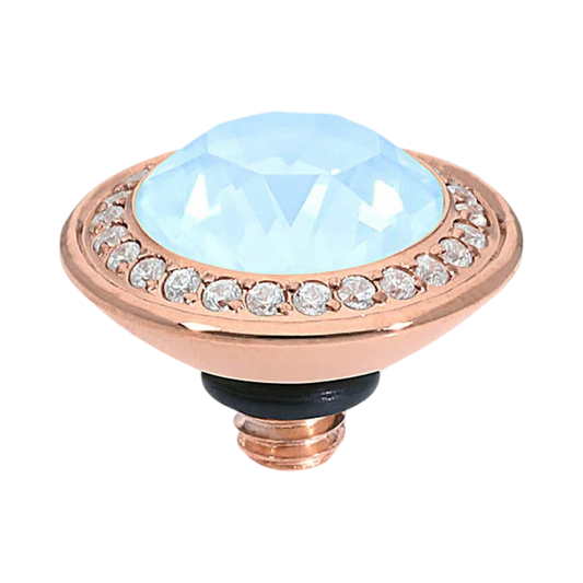 QUDO blue crystal collection, QUDO Tondo Deluxe rose gold topper, interchangeable crystal jewelry, blue Swarovski crystal topper, European crystal jewelry, QUDO jewelry, rose gold crystal topper, blue crystal ring topper, luxury interchangeable jewelry, QUDO topper collection, Tondo Deluxe topper 0.51
