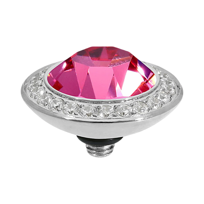QUDO Tondo Deluxe Top Silver, QUDO pink crystal collection, interchangeable jewelry, silver crystal topper, pink crystal jewelry, QUDO topper, statement crystal topper, interchangeable ring topper, stackable jewelry, Swarovski crystal jewelry, silver and pink jewelry, luxury fashion jewelry, collectible jewelry, QUDO jewelry collection, boutique jewelry, interchangeable bracelet topper, feminine statement jewelry