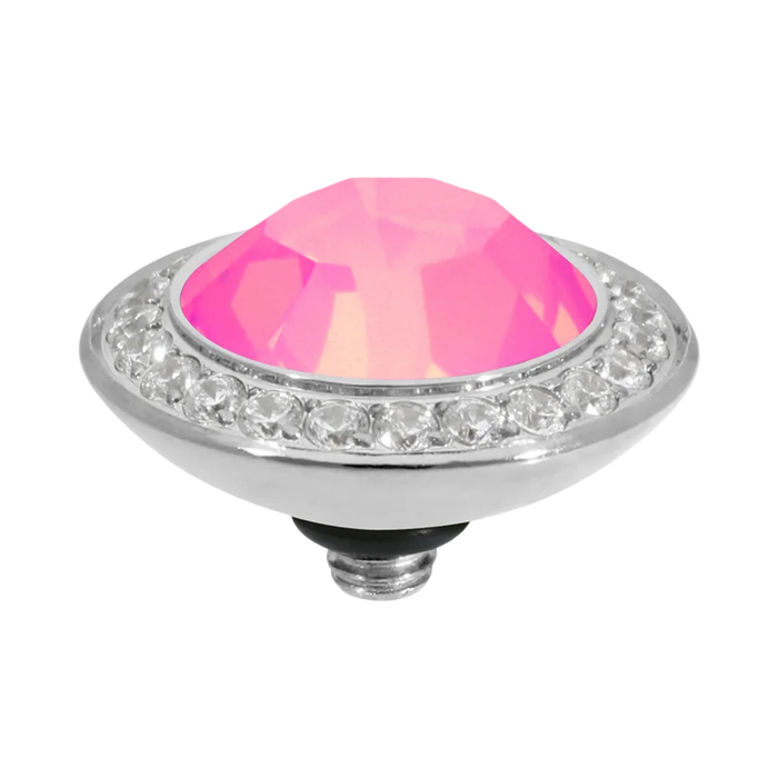 QUDO Tondo Deluxe Top Silver, QUDO pink crystal collection, interchangeable jewelry, silver crystal topper, pink crystal jewelry, QUDO topper, statement crystal topper, interchangeable ring topper, stackable jewelry, Swarovski crystal jewelry, silver and pink jewelry, luxury fashion jewelry, collectible jewelry, QUDO jewelry collection, boutique jewelry, interchangeable bracelet topper, feminine statement jewelry