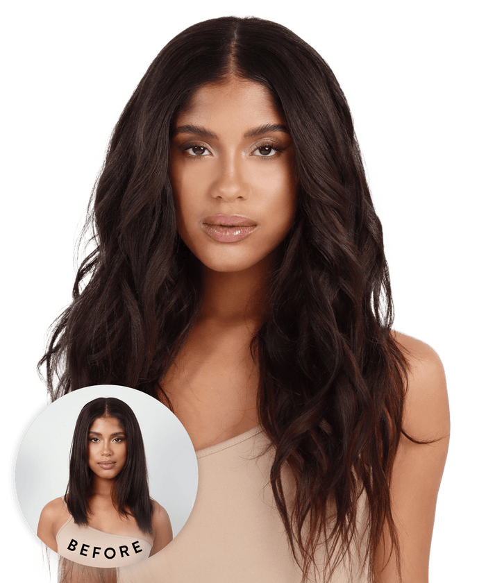A woman with long, wavy hair in Perfect Locks Relaxed Straight extensions looks at the camera; before shows shorter, straight hair.