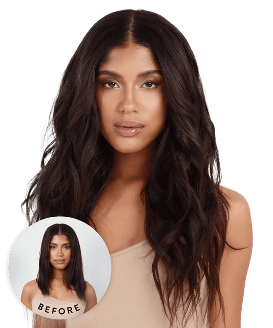 A woman with long, wavy hair in Perfect Locks Relaxed Straight extensions looks at the camera; before shows shorter, straight hair.