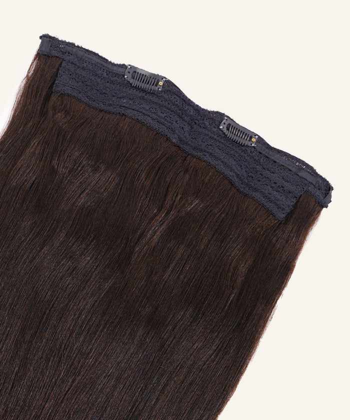 A close-up of Perfect Locks Relaxed Straight Perfect Crown Hair Extensions in natural black with two black clips on a lace base, shown against a light background.#color_natural-black-(1B)