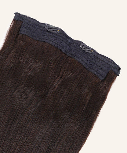 A close-up of Perfect Locks Relaxed Straight Perfect Crown Hair Extensions in natural black with two black clips on a lace base, shown against a light background.#color_natural-black-(1B)