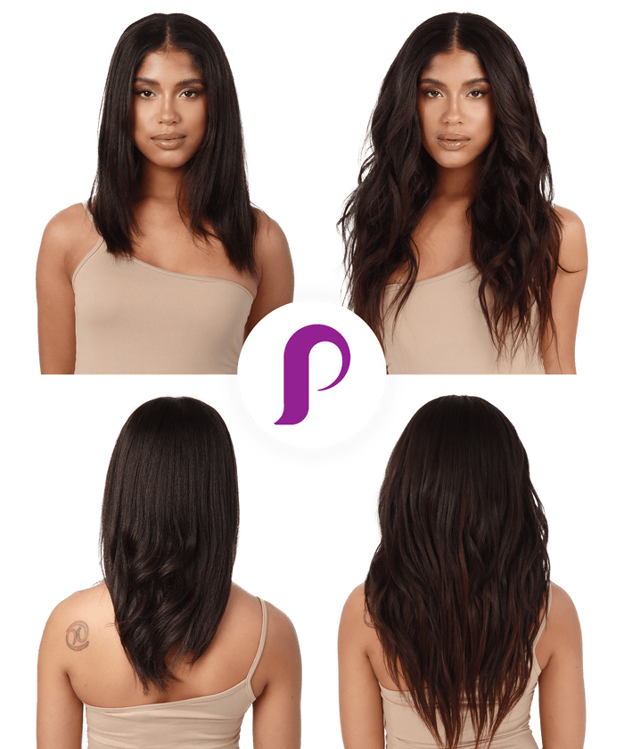 A woman with straight, shoulder-length dark hair is shown before and after using hair extensions; her hair becomes long and wavy. Four views show the front and back of each style.