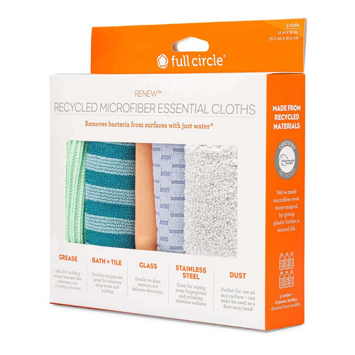 Packaging of Full Circle recycled microfiber essential cloths with images of cloths and product details.