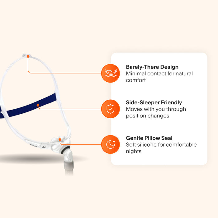 ResMed Swift™ FX Nasal Pillow CPAP Mask, highlighting its minimalist design, flexible headgear, and soft nasal pillows for comfortable, low-contact wear.