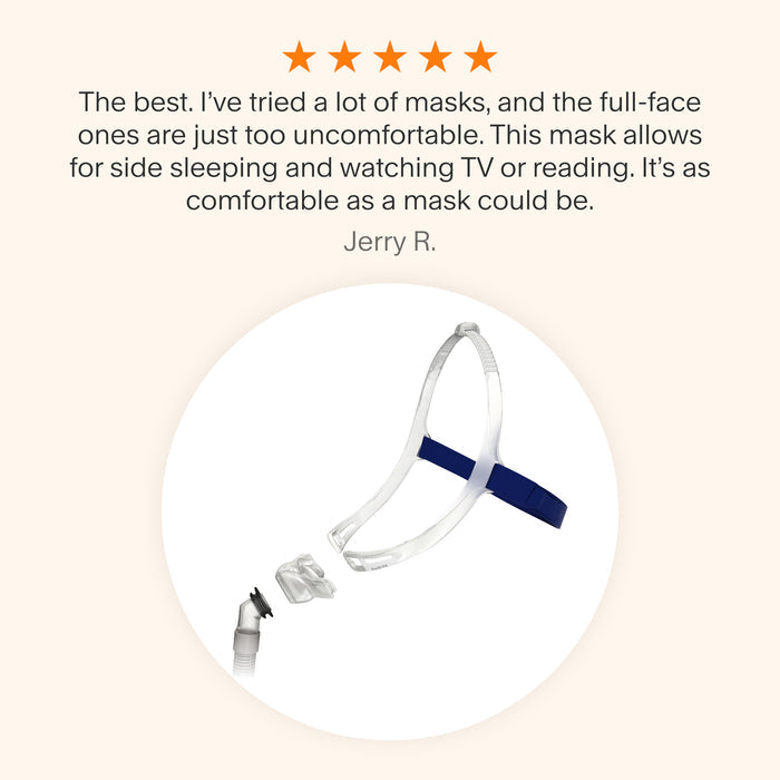 Testimonial praising the ResMed Swift™ FX Nasal Pillow Mask as the easiest, most comfortable, and least disruptive mask the user has tried in over five years on CPAP therapy.