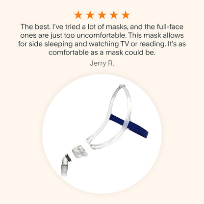 Testimonial praising the ResMed Swift™ FX Nasal Pillow Mask as the easiest, most comfortable, and least disruptive mask the user has tried in over five years on CPAP therapy.
